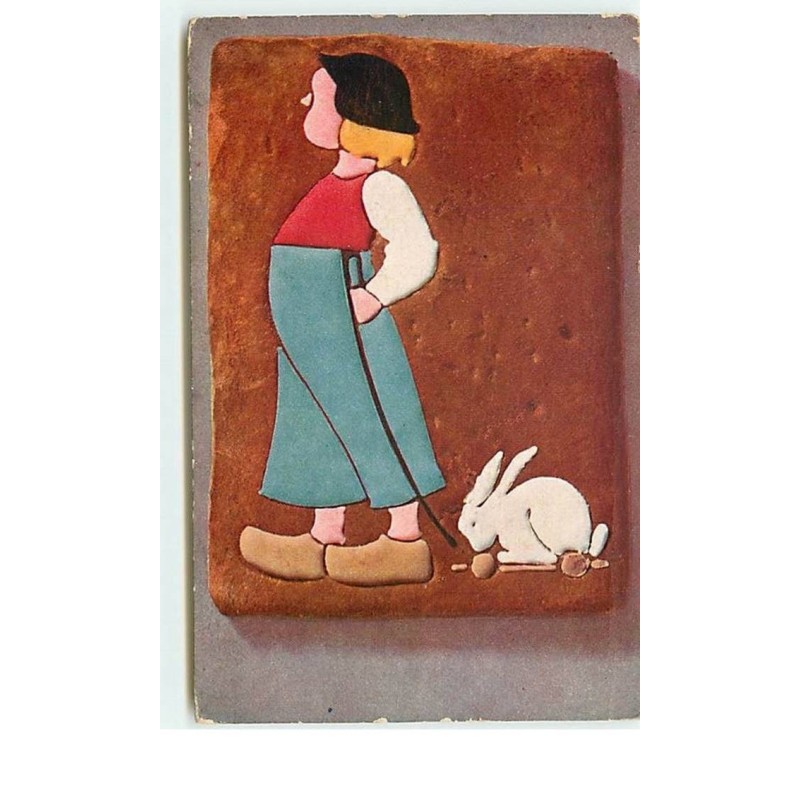 n°13365 - Garçon avec un lapin sur Biscuit - Pain Epice