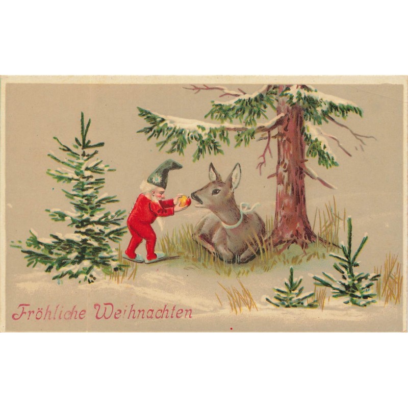 n°28205 - Noël - Fröhliche Weihnachten - Lutin donnant une pomme à une biche couchée