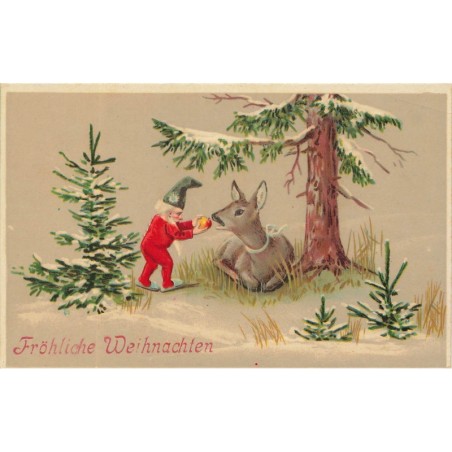 n°28205 - Noël - Fröhliche Weihnachten - Lutin donnant une pomme à une biche couchée