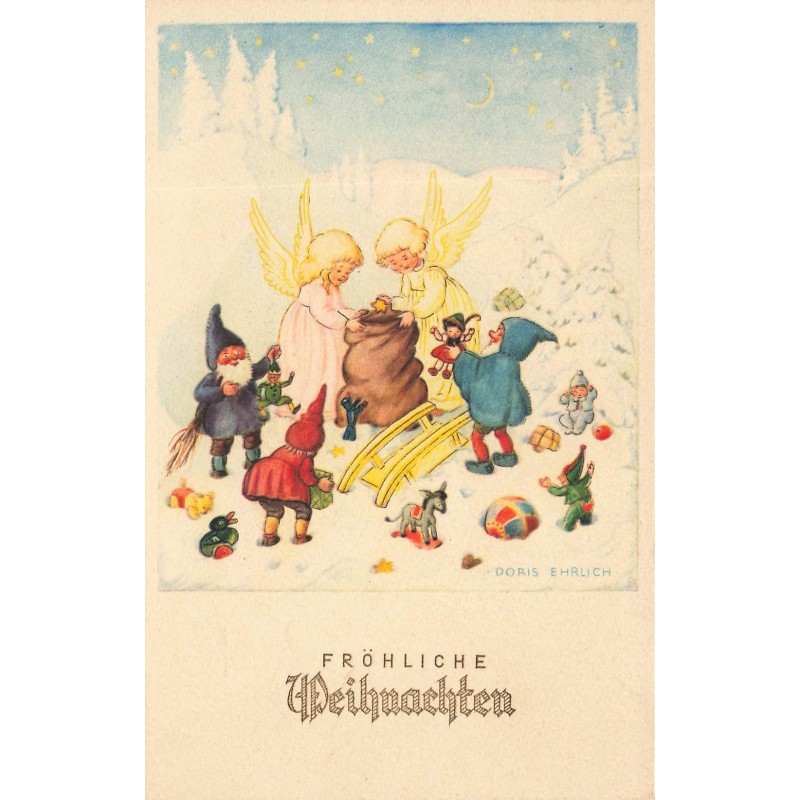 n°28206 - Noël - Fröhliche Weihnachten - Lutins mettant des jouets dans un sac avec des anges - Doris Ehrlich
