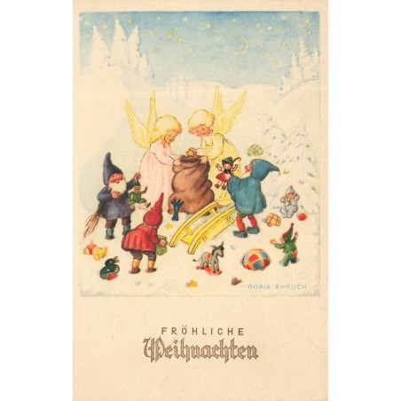 n°28206 - Noël - Fröhliche Weihnachten - Lutins mettant des jouets dans un sac avec des anges - Doris Ehrlich