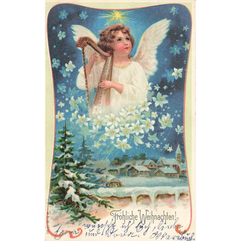 n°28208 - Noël - Clapsaddle - Fröhliche Weihnachten - Ange jouant de la harpe au-dessus d'un village