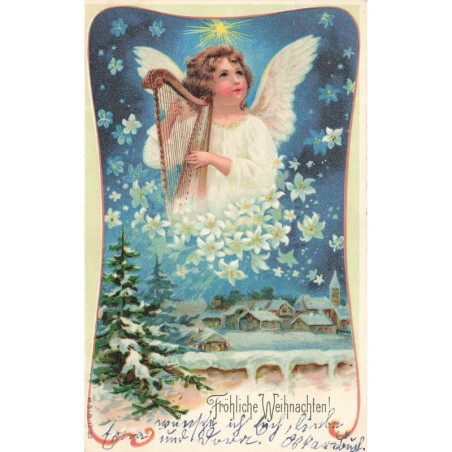 n°28208 - Noël - Clapsaddle - Fröhliche Weihnachten - Ange jouant de la harpe au-dessus d'un village