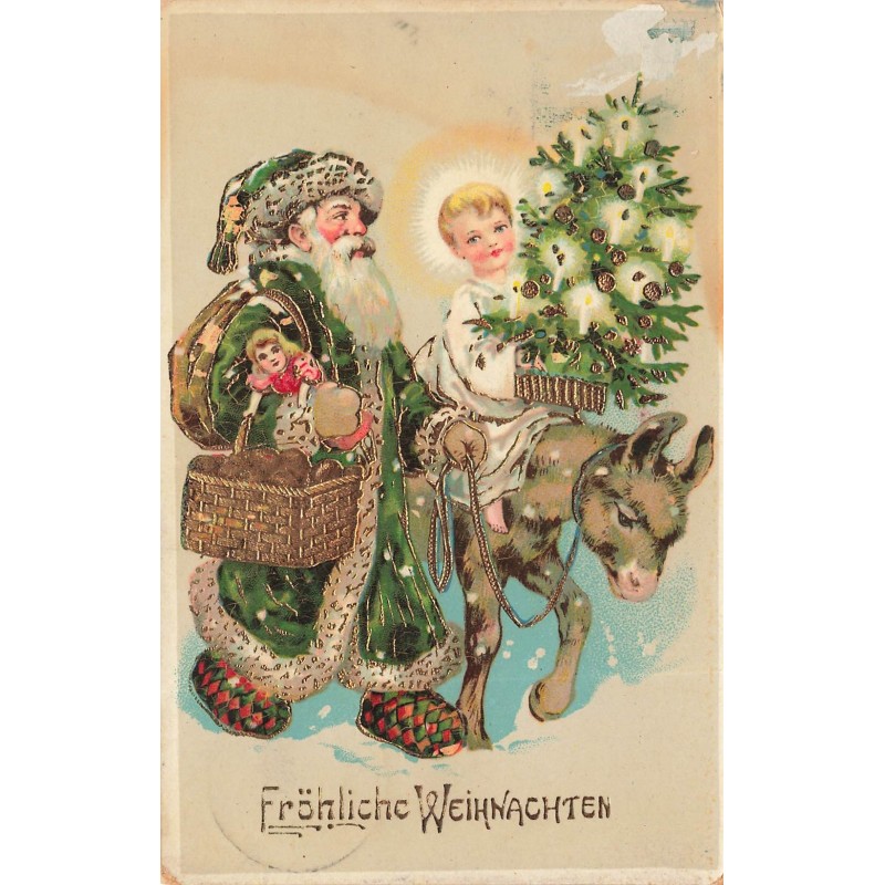 n°28209 - Carte Gaufrée - Fröhliche Weihnachten - Ange assis sur dos d'un âne tenu par le Père Noël