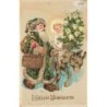 n°28209 - Carte Gaufrée - Fröhliche Weihnachten - Ange assis sur dos d'un âne tenu par le Père Noël