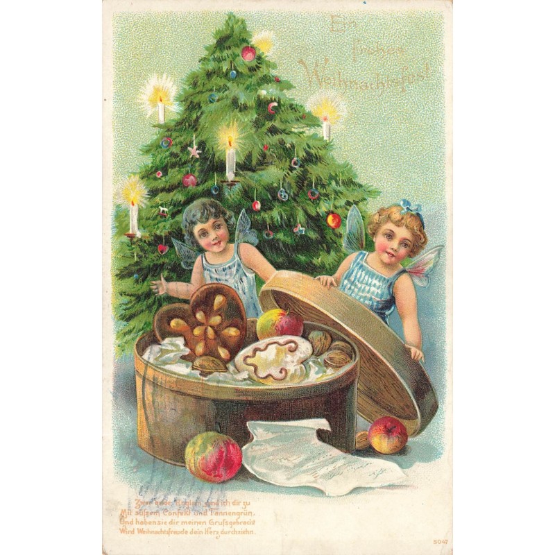 n°28211 - Carte Gaufrée - Noël - Ein Fröhes Weihnachtsfest - Anges ouvrant une boite remplie de  gateaux