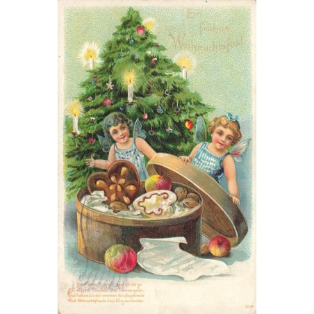 n°28211 - Carte Gaufrée - Noël - Ein Fröhes Weihnachtsfest - Anges ouvrant une boite remplie de  gateaux