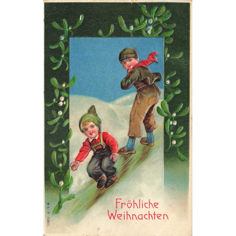 n°28213 - Carte Gaufrée - MSIB 13800 - Fröhliche Weihnachten - Garçons glissant sur une pente