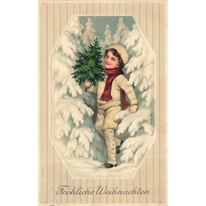 n°28215 - Carte Gaufrée - Fröhliche Weihnachten - Garçon portant un sapin, au milieu de sapins enneigés