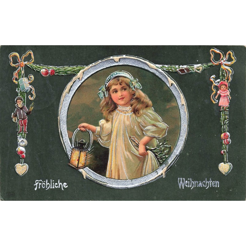 n°28216 - Carte Gaufrée - Noël - Fröhliche Weihnachten - Fillette tenant une lanterne