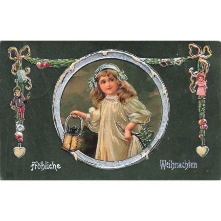 n°28216 - Carte Gaufrée - Noël - Fröhliche Weihnachten - Fillette tenant une lanterne