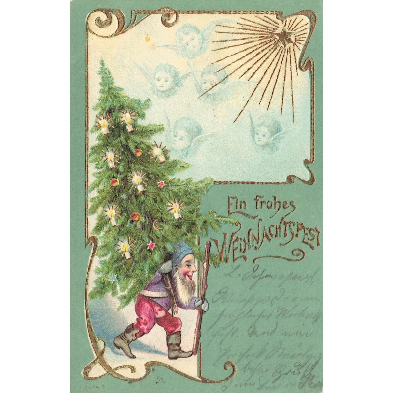 n°28220 - Carte Gaufrée - Noël - Ein Fröhes Weihnachtsfest - Lutin portant un sapin