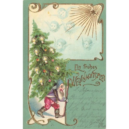 n°28220 - Carte Gaufrée - Noël - Ein Fröhes Weihnachtsfest - Lutin portant un sapin