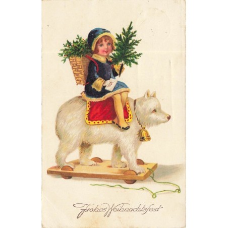 n°28221 - Noël - Fröhes Weihnachtsfest - Fillette assise sur le dos d'un ours blanc jouet