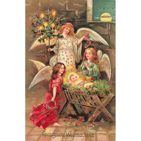 n°28222 - Carte Gaufrée - Noël - Gesegnete Weihnachten - Scène de Nativité avec des anges