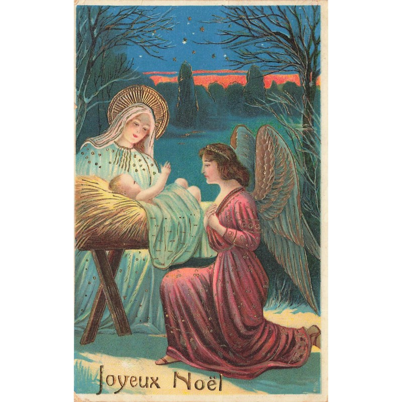 n°28225 - Carte Gaufrée - Joyeux Noël- Anges gardiens veillant sur un bébé
