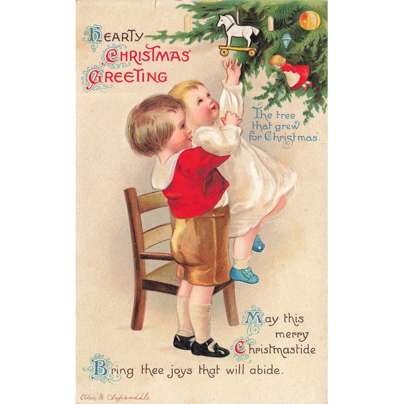 n°28227 - Carte Gaufrée - Clapsaddle - Hearty Christmas Greetings - Enfants, l'un attrapant un jouet dans un sapin