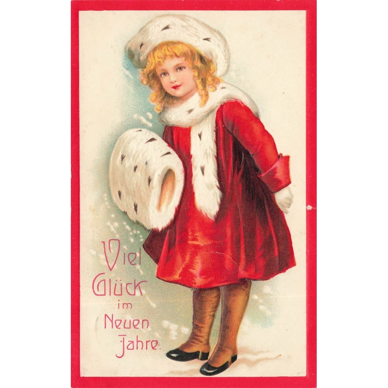 n°28230 - Carte Gaufrée - Nouvel An - Clapsaddle - Jeune fille en manteau rouge portant un manchon