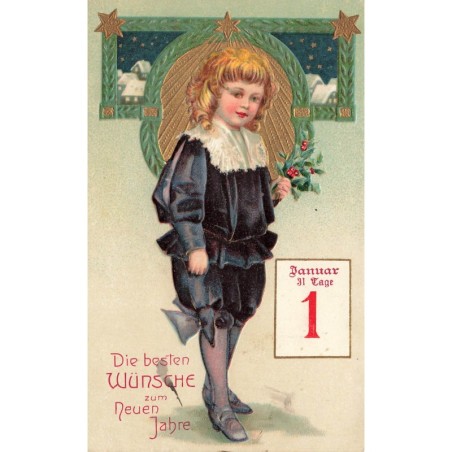 n°28231 - Carte Gaufrée - Nouvel An - Clapsaddle - Jeune enfant tenant du houx - Ephéméride