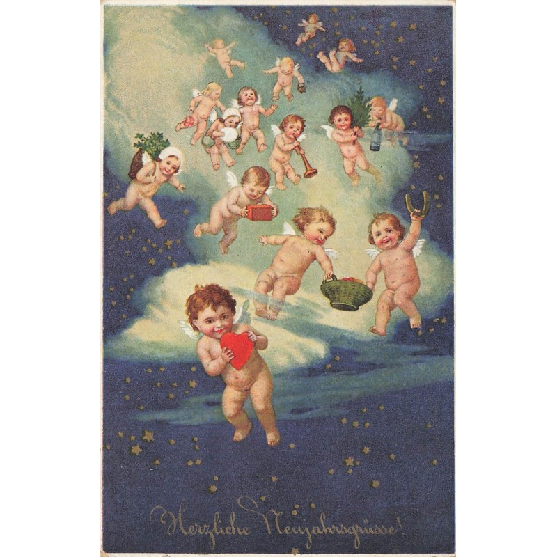 n°28234 - Nouvel An - Flatscher - Anges apportant des cadeaux, descendant du ciel