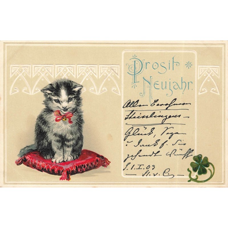 n°28235 - Carte Gaufrée - Nouvel An - Prosit Neujahr - Chat sur un coussin