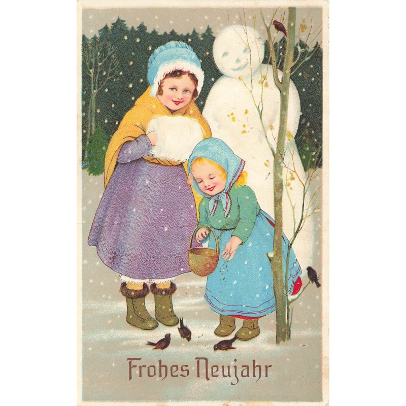 n°28236 - Nouvel An - Flatscher - Fillettes et une bonhomme de neige donnant à manger à des oiseaux