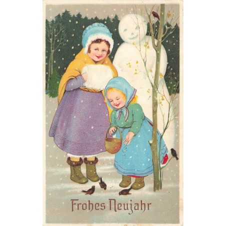 n°28236 - Nouvel An - Flatscher - Fillettes et une bonhomme de neige donnant à manger à des oiseaux