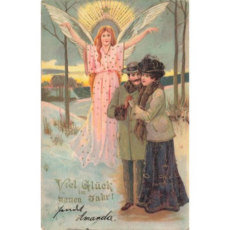 n°28237 - Carte Gaufrée - Nouvel An - Ange gardien près d'un couple enlaçé