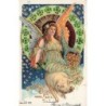 n°28238 - Carte Gaufrée - Nouvel An - Ange gardien tenant une corne d'abondance sur un cochon