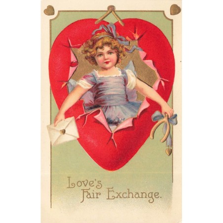 n°28242 - Carte Gaufrée - Clapsaddle - Saint-Valentin - Love's fair exchange - Jeune fille sortant d'un coeur