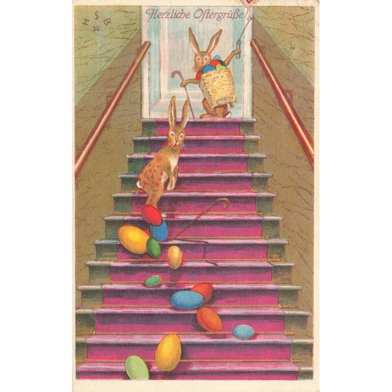 n°28243 - HSB - Herzliche Oftergrüsse - Lièvres dans un escalier regardant des oeufs tombés