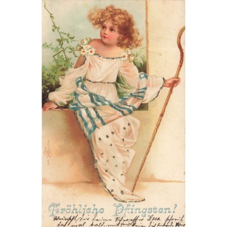 n°28244 - Carte avec Paillettes  - Fröhliche Pfingsten - Clapsaddle - Jeune fille tenant un bâton de berger