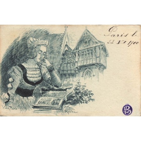 n°28255 - Illustrateur Robida - Vieux Paris - Femme lisant un livre