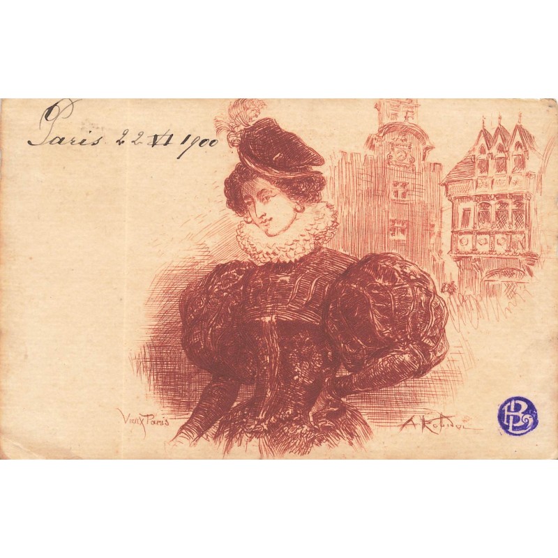 n°28257 - Illustrateur Robida - Vieux Paris - Femme avec au fond des bâtiments