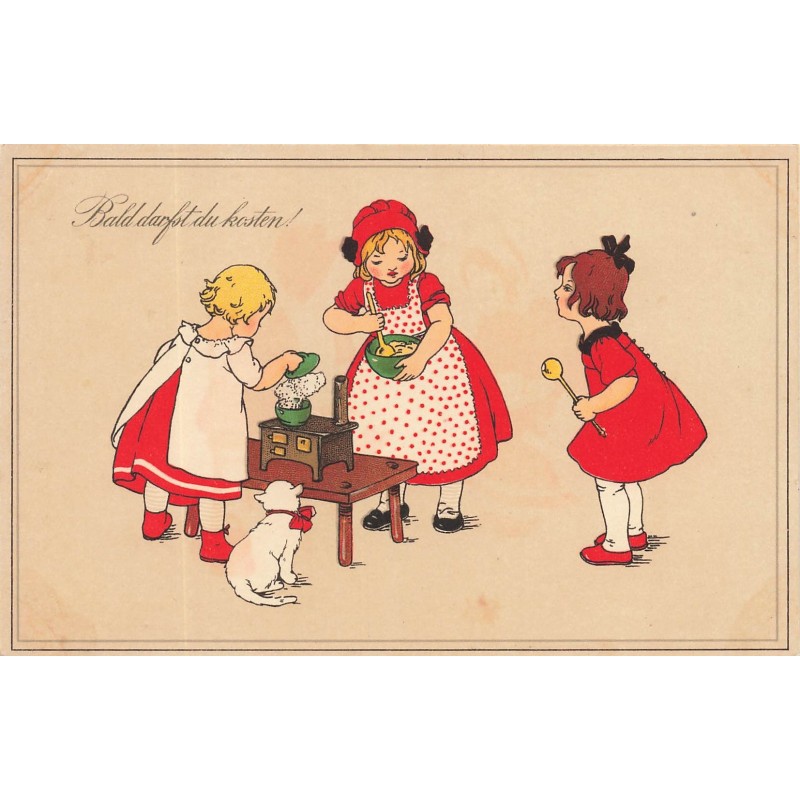 n°28262 - Illustrateur Pauli Ebner - Bald darfst du Kosten - Fillettes faisant la cuisine - chat
