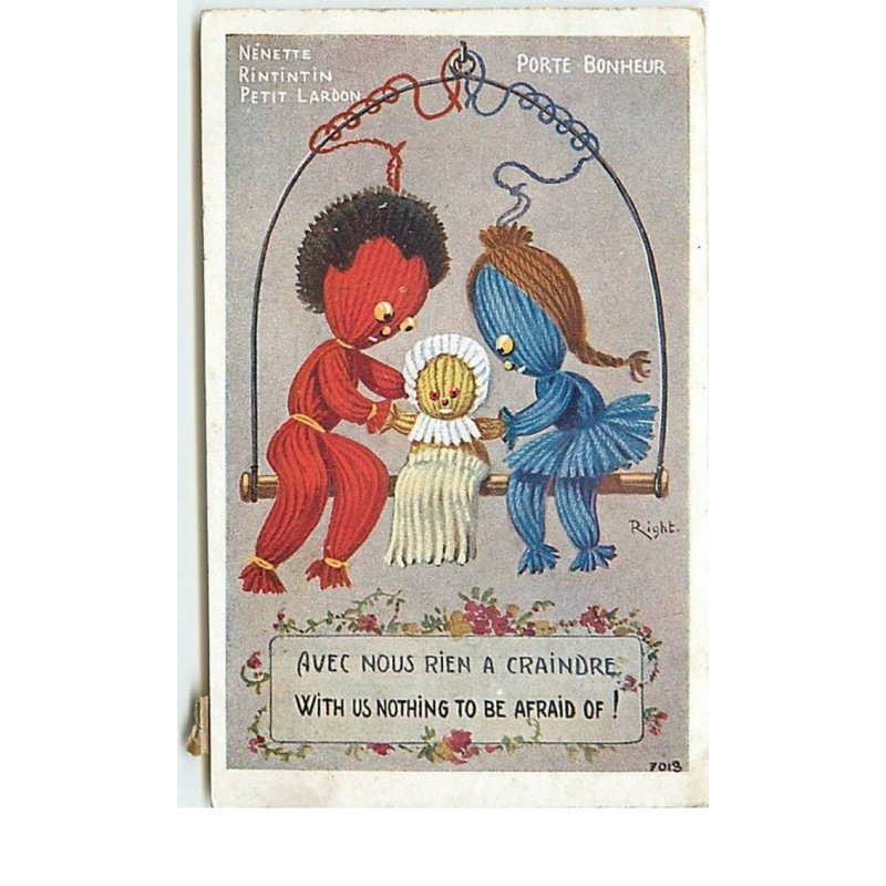 n°13376 - Right - Nénette, Rintintin, Petit Lardon - Porte Bonheur - Avec nous rien à craindre - Poupées en laine