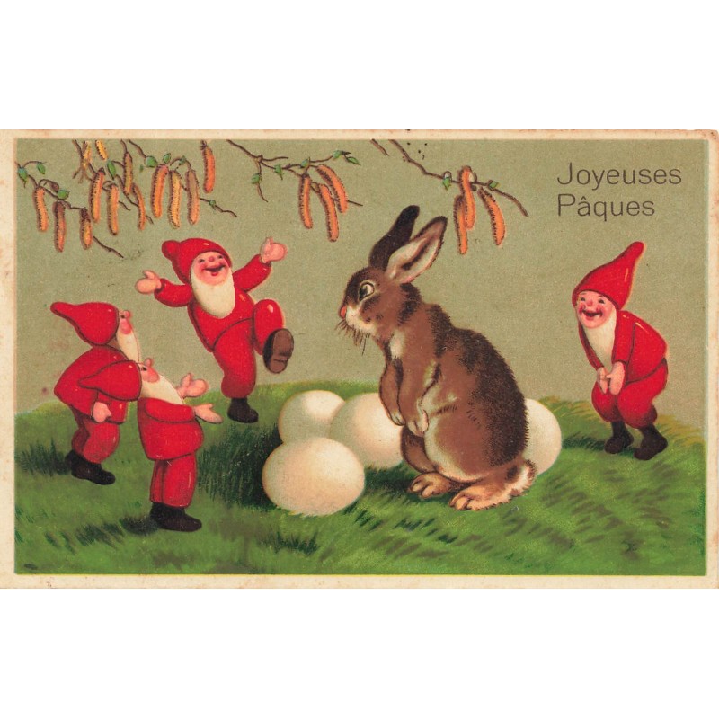 n°28271 - Joyeuses Pâques - Lutins regardant un lièvre au milieu d'oeufs