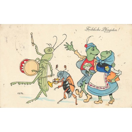 n°28273 - Fröhliche Pfingsten - Couple de grenouille habillées suivant une sauterelle jouant du tambour, hanneton