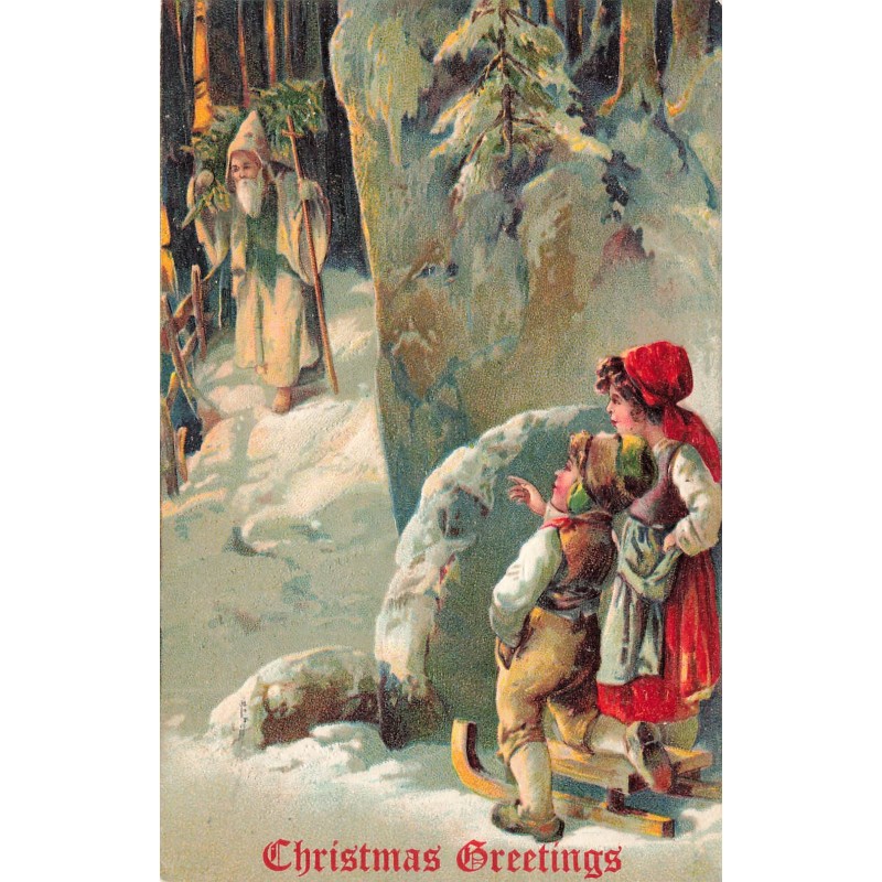 n°28275 - Carte Gaufrée - 5413 - Christmas Greetings - Enfant espionnant le Père Noël marchant dans la forêt