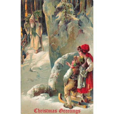 n°28275 - Carte Gaufrée - 5413 - Christmas Greetings - Enfant espionnant le Père Noël marchant dans la forêt