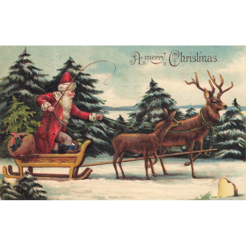 n°28278 - Carte Gaufrée - Noël - A Merry Christmas - Père Noël sur son traîneau tiré par des rennes