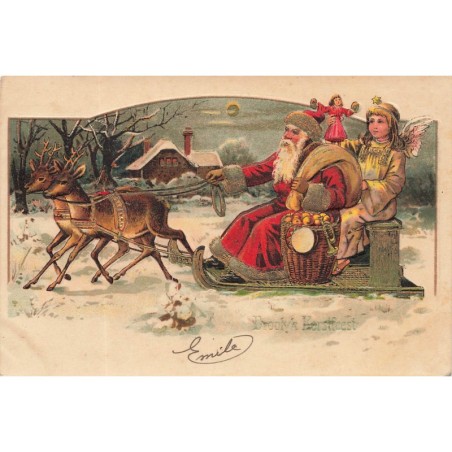 n°28282 - Carte Gaufrée - Noël - Vroolyk Kerstfeest - Père Noël et Ange Gardien dans un traîneau