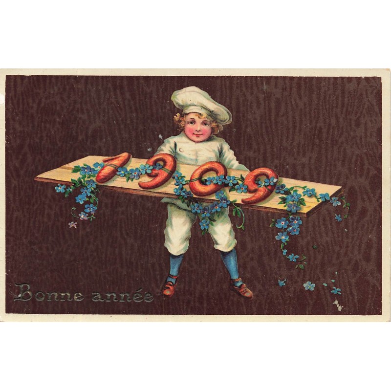 n°28283 - Nouvel An - Bonne Année 1909 - Cuisinier portant des pains sur une planche