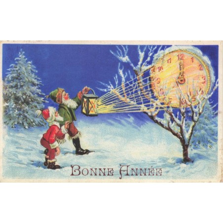 n°28285 - Nouvel An - Bonne Année - Lutins éclairant une pendule dans un arbre