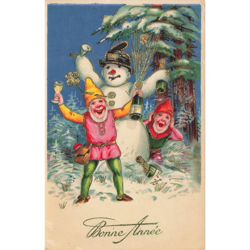 n°28286 - Nouvel An - Bonne Année - Lutins trinquant avec un bonhomme de neige