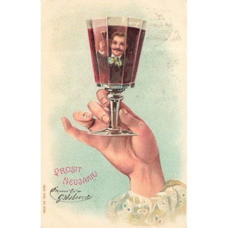 n°28287 - Carte Gaufrée - Prosit Neujahr - Femme levant son verre, avec un reflet d'homme