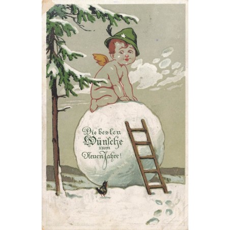 n°28288 - Nouvel An - Angelot assis sur une grosse boule de neige