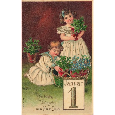 n°28289 - Carte Gaufrée - MSIB 13812 - Nouvel An - Fillettes portant  des pots de fleurs