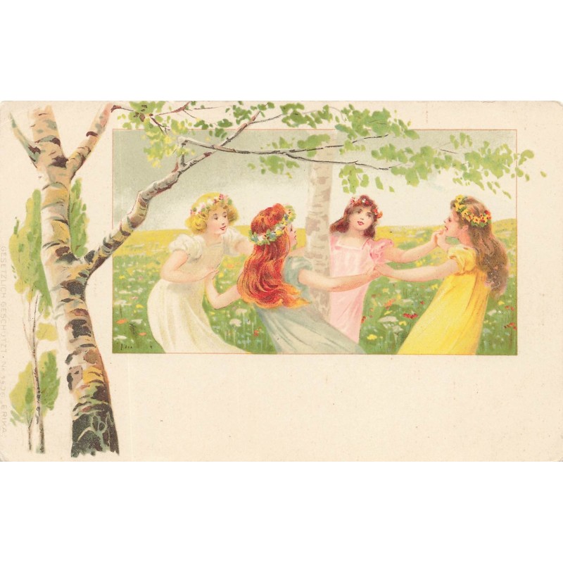 n°28296 - Fantaisie - Erika -  Jeunes filles faisant une ronde autour d'un arbre