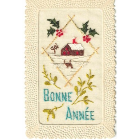 n°28301 - Fantaisie - Carte Brodée - Bonne Année - Maison sous la neige